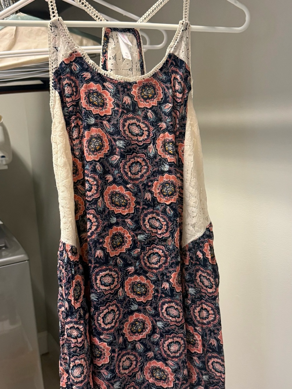 Xhiliration Navy and Coral Dress with Cream Lace Panels